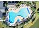 Aerial view of a large, uniquely shaped community pool with ample lounge chairs and landscaping at 350 Dahlia Row Dr, Summerville, SC 29486