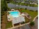 Aerial view of a community pool, playground, parking lot and pond with fountain feature surrounded by neighborhood homes at 451 Spectrum Rd, Summerville, SC 29486