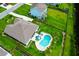Aerial view showcases the house, pool and landscaping in a well-maintained fenced backyard at 5509 Alpine Dr, Summerville, SC 29483
