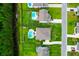 Aerial view showcases a neighborhood with fenced backyards, pools and adjacent wooded area at 5509 Alpine Dr, Summerville, SC 29483