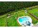 Aerial view of a private pool with beautiful landscaping in a fenced backyard near a wooded area at 5509 Alpine Dr, Summerville, SC 29483