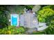 Aerial view of a private backyard featuring a sparkling in-ground pool, patio, and lush landscaping at 1145 Bellwood Rd, Charleston, SC 29412