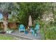 Relaxing backyard deck featuring blue Adirondack chairs, tropical plants, and a bamboo backdrop at 1145 Bellwood Rd, Charleston, SC 29412