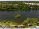 Scenic aerial view of a lush, tree-lined lake with a small island in the center, offering a serene and picturesque landscape at 1588 Paradise Lake Dr, Mount Pleasant, SC 29464