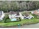 Aerial view of a lakeside home, featuring a pool, boat, and lush green yard near the water at 1713 Pimlico Blvd, Moncks Corner, SC 29461