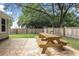 Charming backyard features a stone patio and a picnic table surrounded by lush greenery at 1939 Oak Tree Ln, Mount Pleasant, SC 29464
