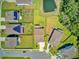 Aerial view of homes showing lots, fences, ponds, and solar panels at 203 Plowden Mill Ct, Summerville, SC 29485