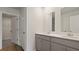 A modern bathroom featuring double sinks, vanity with grey cabinets, and a view into the walk-in closet at 265 Wild Strawberry Ln, Moncks Corner, SC 29461