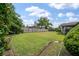 Private backyard featuring a lush green lawn, mature trees, and a wooden fence, creating a serene outdoor space for relaxation and activities at 2912 Doncaster Dr, Charleston, SC 29414