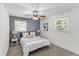 Cozy bedroom featuring a bed with nightstands, modern ceiling fan and two windows at 300 Oklahoma Pl, Ladson, SC 29456