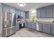 Contemporary kitchen with stainless steel appliances, blue cabinets and granite countertops at 300 Oklahoma Pl, Ladson, SC 29456