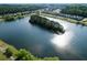 Stunning aerial view showcasing a community lake with an island covered in mature trees surrounded by homes at 3046 Sweetleaf Ln, Johns Island, SC 29455