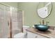A stylish bathroom features a glass shower and a unique vessel sink on a granite countertop at 320 Compton Xing, Summerville, SC 29485