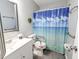 Well-lit bathroom features a vanity, toilet with safety bars, and a blue shower curtain with an ocean and sky scene at 5 Drummond Ct, Charleston, SC 29414