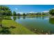 Scenic view of the community pond surrounded by lush green lawns and mature trees under a clear blue sky at 5042 Thornton Dr, Summerville, SC 29485