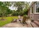 Backyard patio area with wooden chairs, fire pit, and lush landscaping at 614 Beauregard St, Charleston, SC 29412