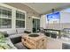 Relaxing outdoor patio featuring comfortable seating, a TV, and a coffee table overlooking the backyard at 9829 English Elm St, Ladson, SC 29456