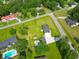 Aerial view of a house with a large fenced backyard and swimming pool in the neighborhood at 101 Parkside Dr, Goose Creek, SC 29445