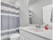Bright bathroom featuring a shower with a gray and white curtain and a white sink at 1017 Marsh Royal St, Summerville, SC 29485