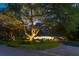 Illuminated front yard at dusk with large trees and charming home with inviting curb appeal and circular driveway at 108 E Walker Dr, Summerville, SC 29483