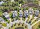 Drone view of the backs of three homes along a street lined with Palm Trees at 2072 Amenity Park Dr, Mount Pleasant, SC 29466