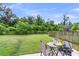 Serene backyard with lush green lawn, mature trees, a privacy fence, and outdoor seating area at 7812 Park Gate Dr, North Charleston, SC 29418