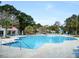 A sparkling community pool with lounge chairs, tables, and nearby playground, surrounded by lush greenery and clear blue skies at 1005 Washitonia Way # B, Charleston, SC 29492