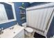 Well-lit bathroom featuring blue walls, a white sink, toilet, and shower with stylish curtain at 102 Jasimine Ct, Summerville, SC 29486