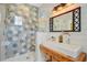 Beautiful bathroom with unique hexagonal tiles in the shower, wood accents, and a modern vanity at 11 Francis St, Charleston, SC 29403
