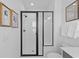 Modern shower with white subway tile, black hardware, and a sleek glass enclosure at 112 Crimson St, Summerville, SC 29486