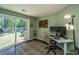 Home office with sliding door to backyard, featuring dual monitors, stylish lamp, and cozy chair at 2016 Wild Flower Ln, Charleston, SC 29414