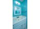 Bright blue half bathroom with a white sink, framed mirror, and towel rack at 235 Pine Shadow Dr, Goose Creek, SC 29445