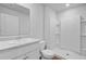 Bright bathroom with white vanity, sink, toilet, and walk-in shower featuring shelving at 407 Spruce Ivy St, Moncks Corner, SC 29461