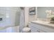 Clean bathroom with shower/tub combo, single sink vanity, a decorative shower curtain, and modern fixtures at 416 Mistflower Ln, Moncks Corner, SC 29461