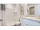 Clean bathroom featuring a stand up shower with shelving and an all-white vanity at 416 Mistflower Ln, Moncks Corner, SC 29461