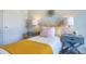 Bright bedroom boasts neutral walls, stylish bedside tables, and a comfy bed with a yellow blanket at 416 Mistflower Ln, Moncks Corner, SC 29461