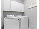 Efficient laundry room featuring front load Samsung washer and dryer, white cabinets, and shelving for convenient storage at 627 Chigwell Springs Ln, Summerville, SC 29486