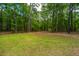 Large backyard with a grassy area and a fire pit surrounded by trees at 110 Cantering Hills Ln, Summerville, SC 29483