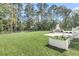 Expansive backyard with lush green grass, playset, and inviting outdoor fireplace at 3864 Summerton St, Mount Pleasant, SC 29466