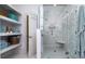 Elegant bathroom boasts glass shower with a mosaic tile surround and built-in shelving at 764 Post Oak Dr, Mount Pleasant, SC 29464