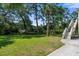 Lush green backyard featuring mature trees, providing ample shade and privacy, with stairs leading to the house at 8970 Palmetto Rd, Edisto Island, SC 29438