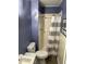 Bathroom features a shower with gray-striped curtain and a white toilet and sink at 1736 E Ashley Ave, Folly Beach, SC 29439