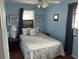 Charming bedroom with light blue walls, decorative artwork, and light color linens at 1736 E Ashley Ave, Folly Beach, SC 29439