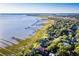 Expansive aerial view of Charleston with coastline, docks, homes with green trees and the Ravenel Bridge at 202 Bank St, Mount Pleasant, SC 29464