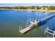 An aerial view shows a private dock extending into the calm waters with waterfront homes in the background at 202 Bank St, Mount Pleasant, SC 29464