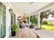 Covered patio with a fireplace, seating area, and views of the landscaped yard and waterway beyond at 202 Bank St, Mount Pleasant, SC 29464