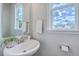 Chic half-bathroom featuring a pedestal sink, large mirror, and natural light, perfect for guests at 313 Lanyard St, Johns Island, SC 29455