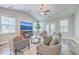 Cozy living room with high ceilings, fan, fireplace, and comfortable seating, flooded with natural light at 359 Whispering Breeze Ln, Summerville, SC 29486