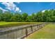 Backyard pond with fencing and natural foliage, with a clear blue sky and green grass at 5128 Thornton Dr, Summerville, SC 29485