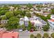Neighborhood aerial view showcasing colorful townhouses nestled among mature, lush green trees at 71 E Bay St, Charleston, SC 29401